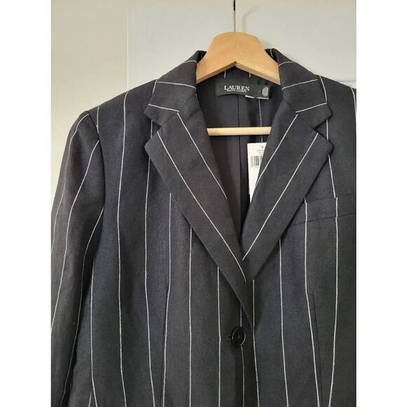 NWT Lauren Ralph Lauren Black Pinstripe Linen Blend Blazer Size 4 $395 - Picture 2 of 6